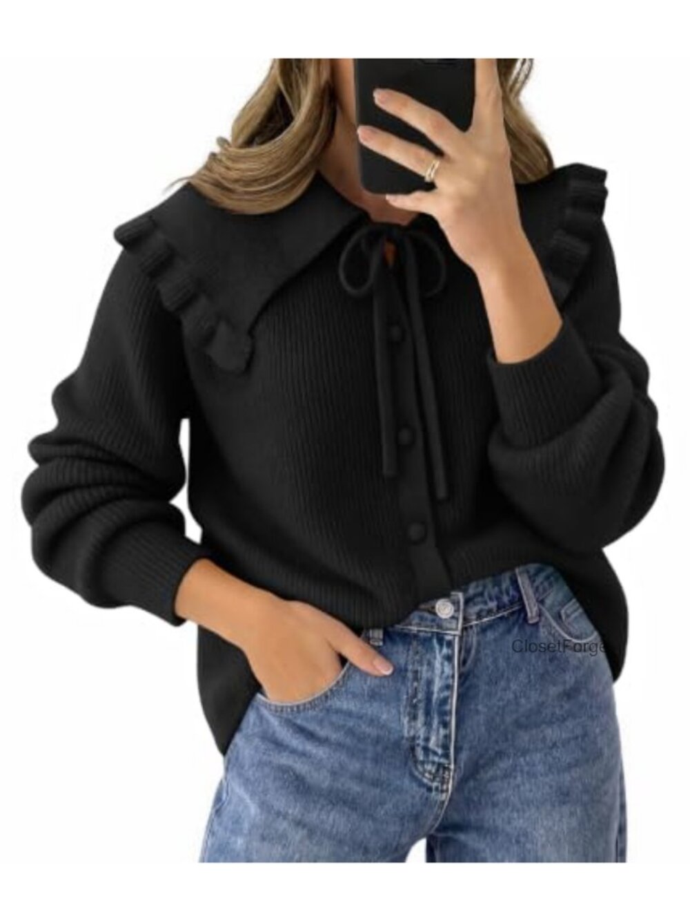 Oversized Ruffle Peter Pan Collar Tie Front Knit Cardigan Sweater